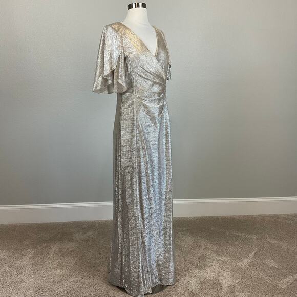 Adrianna Papell Metallic Short Sleeve Evening Gown Gold Size 8 V-Neck Formal - Picture 2 of 12